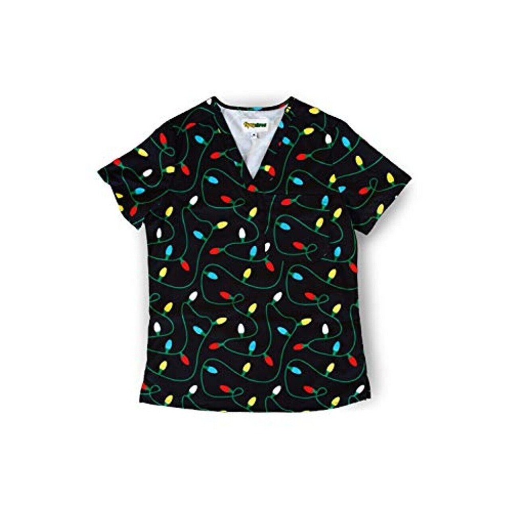 TIPSY ELVES STRING OF LIGHTS SCRUB TOP  Women's Size  XL  BLACK ‎  NEW!!
